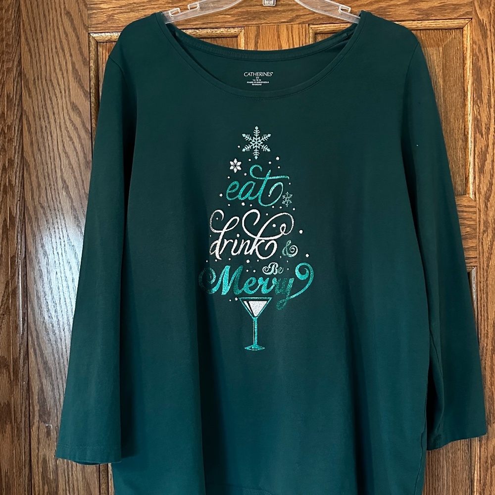 Green Eat Drink and Be Merry Shirt Sz 0X 14-16W